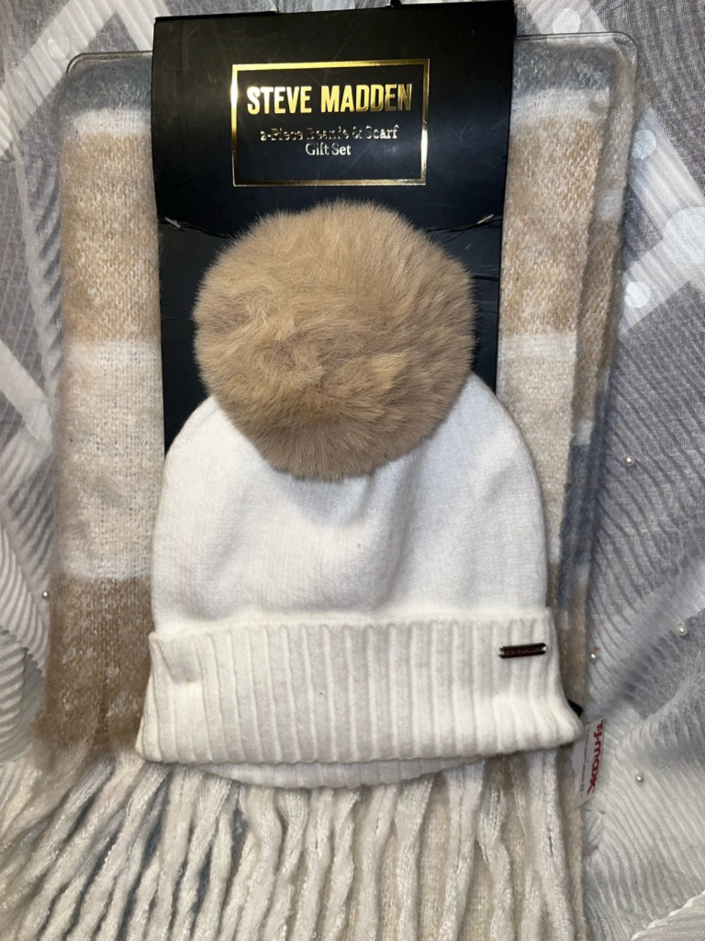 Steve Madden Kids White Beanie with Tan Pom and Coordinating Tan & White Scarf